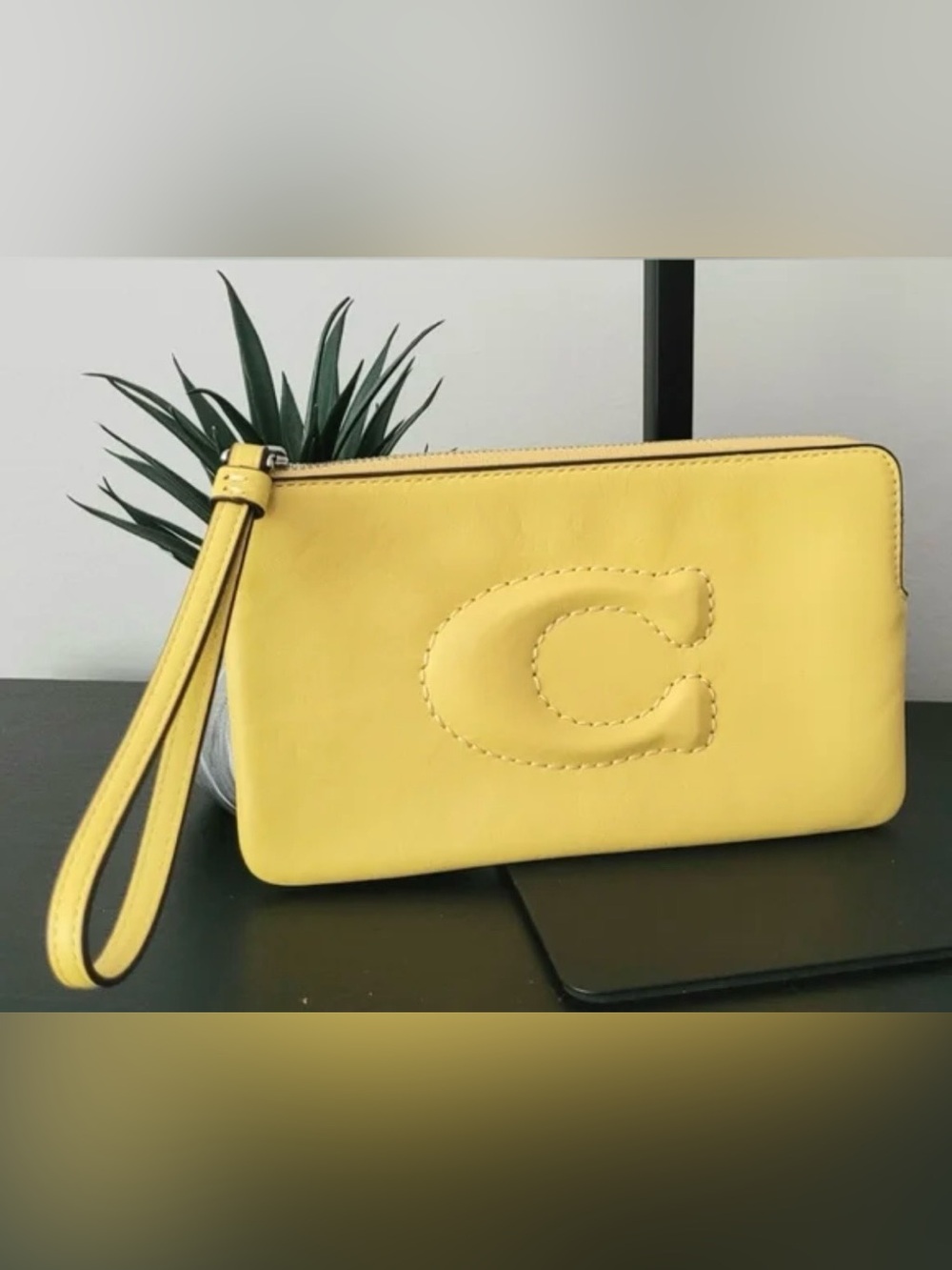 Authentic Coach Yellow Leather Wristlet embossed C